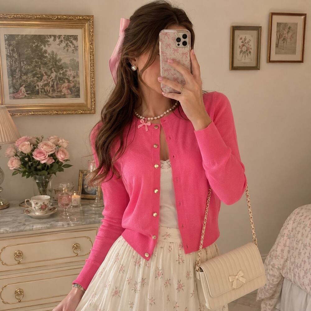 LOFT Cardigan Women M Pink Crew Neck Sweater Button Preppy Office Coastal Staple